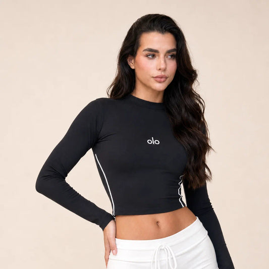 Side-Piped Long-Sleeve Crop Top
